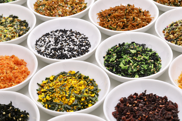 Furikake is a Japanese dry condiment. It is mainly eaten by sprinkling it over on rice. - Stock Photo - Images