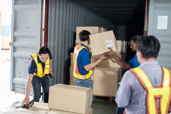 Workers open steel 40 feet container doors carry box supervisor standing check paper checklist