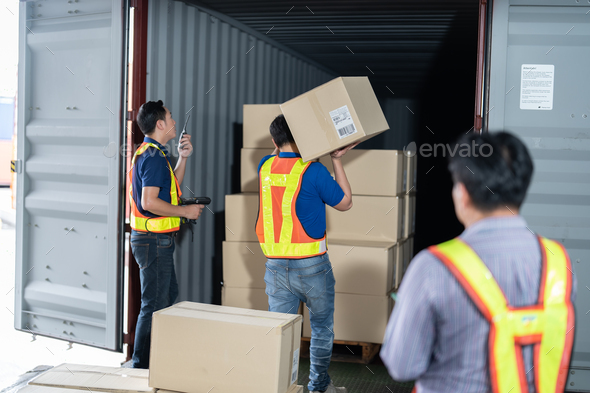 Workers open steel 40 feet container doors carry box supervisor standing check paper checklist