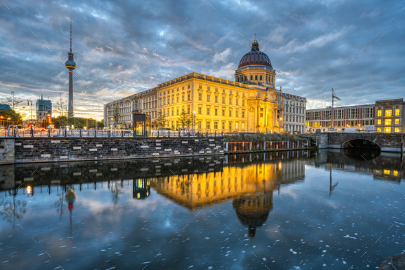 The reconstructed Berlin City Palace with the Television Tower - Stock Photo - Images