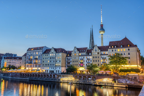 The Nikolaiviertel, the river Spree and the Television Tower Stock ...