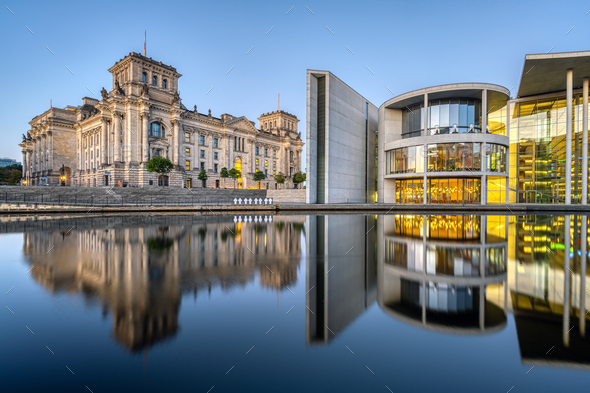 The Reichstag and the Paul-Loebe-Haus at twilight - Stock Photo - Images