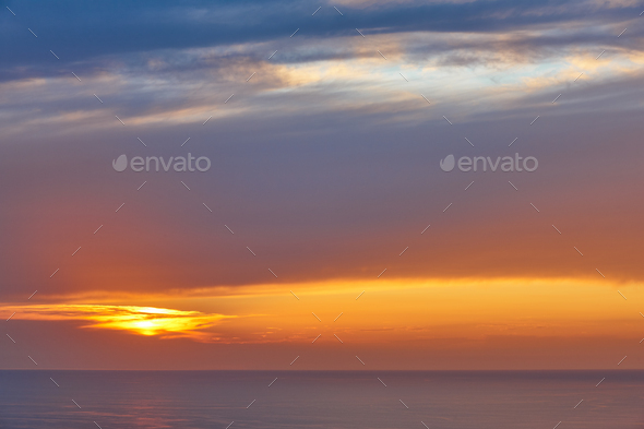Sunset at mediterranean sea. Idyllic seascape in Balearic islands, Spain - Stock Photo - Images