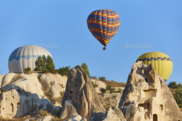 Balloons in love valley, Cappadocia. Flights in Goreme. Turkey - Stock Photo - Images