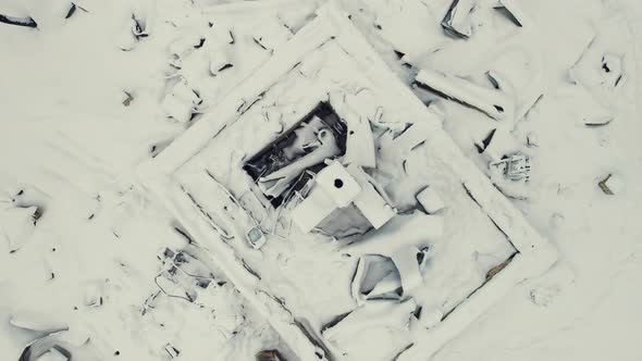 Mysterious Winter Rural Landscape with a Stove on the Ashes Aerial View alt