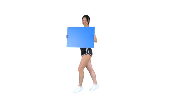 Ring girl holding empty board announcing new round on white alt