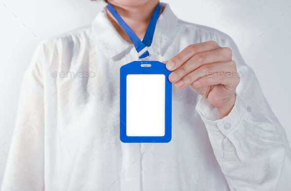 employee hand showing blank id card badge holder for mockup template logo branding background.