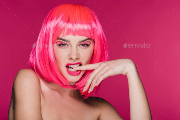 Fashionable Naked Girl In Neon Pink Wig Biting Finger Isolated On Pink Stock Photo By