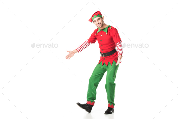 happy man in christmas elf costume with outstreched hands isolated on white