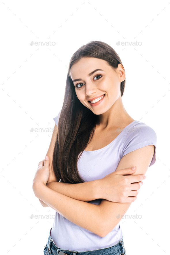 portrait of smiling pretty woman looking at camera isolated on white - Stock Photo - Images