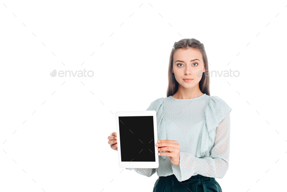 portrait of woman with tablet with blank screen isolated on white - Stock Photo - Images
