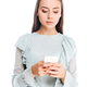 portrait of stylish woman using smartphone isolated on white - PhotoDune Item for Sale