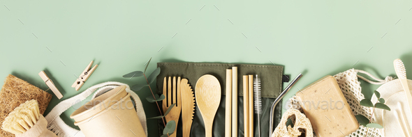 Banner Set of eco-friendly tableware and cleaning products  - Stock Photo - Images