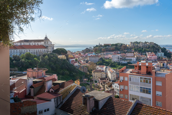 Aerial view of Lisbon with Graca Convent and Sao Jorge Castle - Lisbon, Portugal - Stock Photo - Images