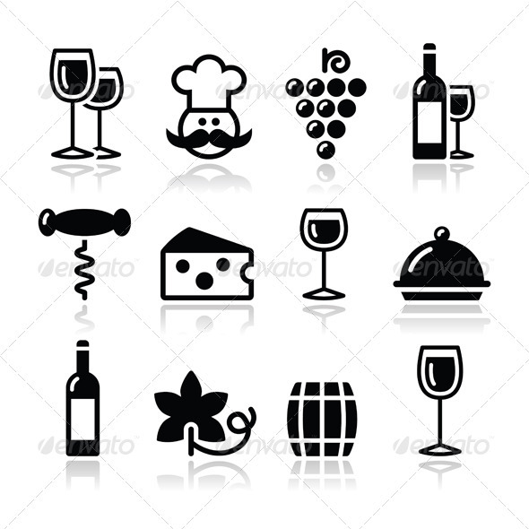 Wine Icons Set - Glass, Bottle, Restaurant, Food - Food Objects