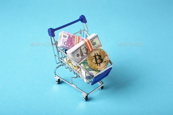 Shopping cart full of money, bitcoin, Dollars and Euro, sales and shopping, exchange concept