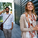 Portrait of successful happy cheerful young business people talking, walking outdoors - PhotoDune Item for Sale