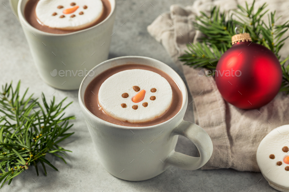 Warm Hot Chocolate with a Snowman Marshmallow - Stock Photo - Images