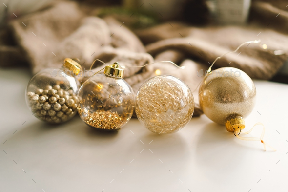 Christmas golden balls and decorations. Christmas holiday celebration. - Stock Photo - Images