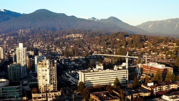 Panoramic View Of North Vancouver Dowtown With Lions Gate Hospital In British Columbia, Canada. Aeri alt