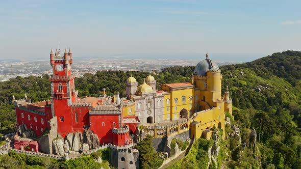 Scenic Above View From Flying Drone Touring Palace Pena in Sintra Westernmost Point of European alt