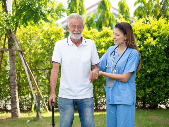 senior elderly man female assistant nurse doctor person visit health care treatment help caregiver o