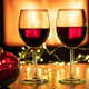 Christmas celebration. Red wine glasses and decoration on table, fireplace background. - PhotoDune Item for Sale