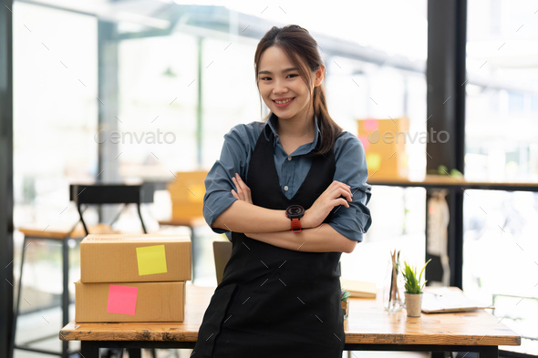 SME entrepreneur Small business entrepreneurs Online selling ideas, Happy Young Asian business - Stock Photo - Images