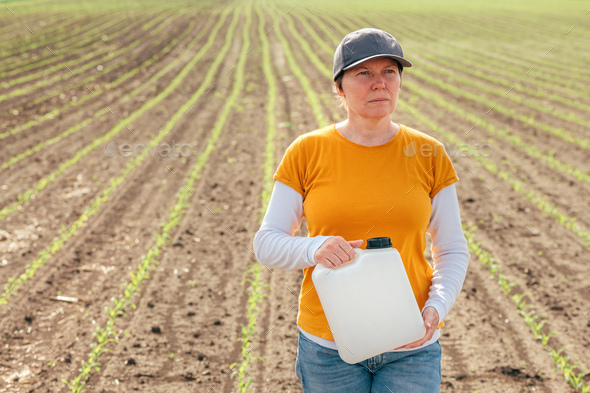 Corn crop protection concept, female farmer agronomist holding jerry can container canister - Stock Photo - Images