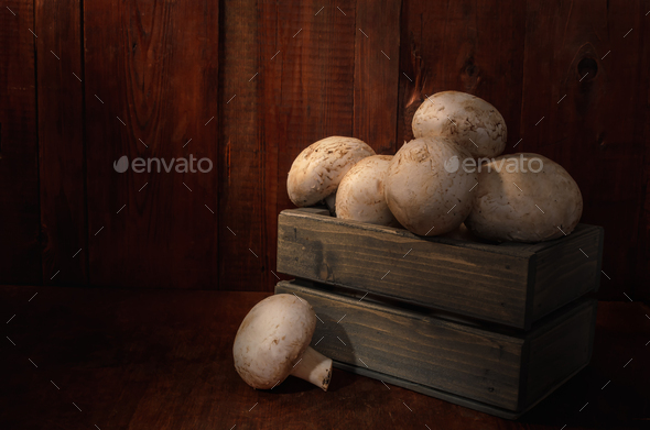 mushrooms in a wooden box - Stock Photo - Images