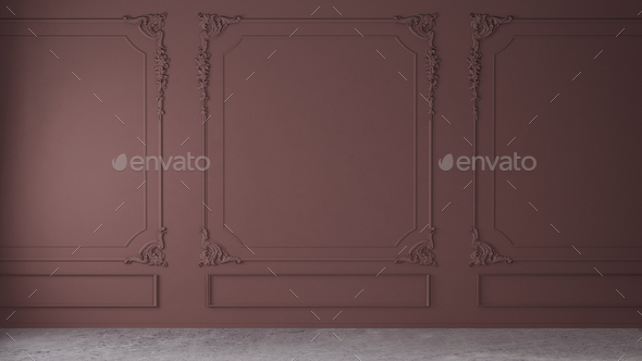 Red wall with classic style mouldings and concrete floor, empty room interior, 3d render - Stock Photo - Images
