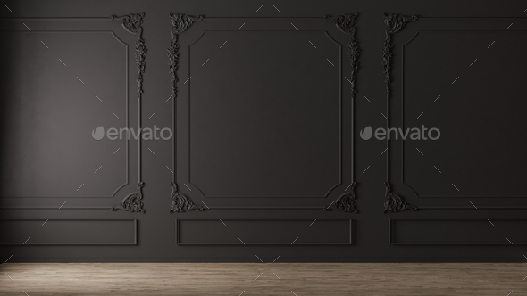 Black wall with classic style mouldings and wooden floor, empty room interior, 3d render - Stock Photo - Images