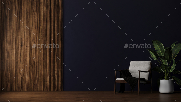 Dark blue wall with wooden panel in room with armchair and plant in pot, wooden floor, 3d rendering - Stock Photo - Images