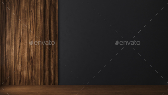 Black wall with wooden panel in empty room with wooden floor, 3d rendering - Stock Photo - Images