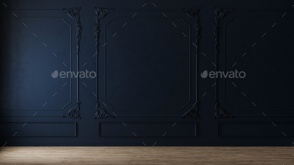 Dark blue wall with classic style mouldings and wooden floor, empty room interior, 3d render - Stock Photo - Images