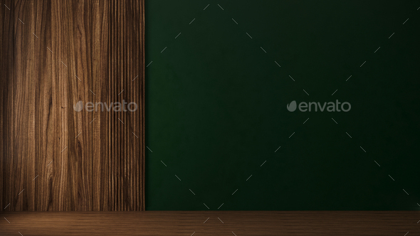 Green wall with wooden panel in empty room with wooden floor, 3d rendering - Stock Photo - Images