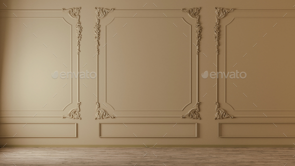 Beige wall with classic style mouldings and wooden floor, empty room interior, 3d render - Stock Photo - Images