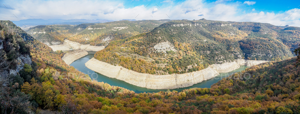 View of dam of Sau Reservoir, Catalonia, Spain - Stock Photo - Images