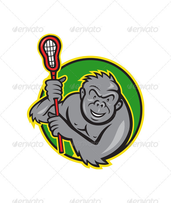 Gorilla Ape With Lacrosse Stick Cartoon - Animals Characters