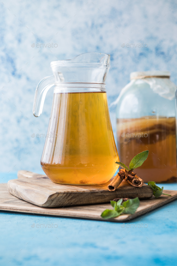 Raw fermented homemade alcoholic or non alcogolic kombucha. Ice tea