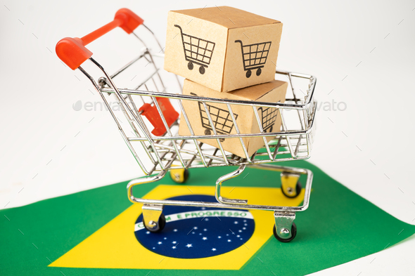 Box with shopping cart logo and Brazil flag, Import Export Shopping online
