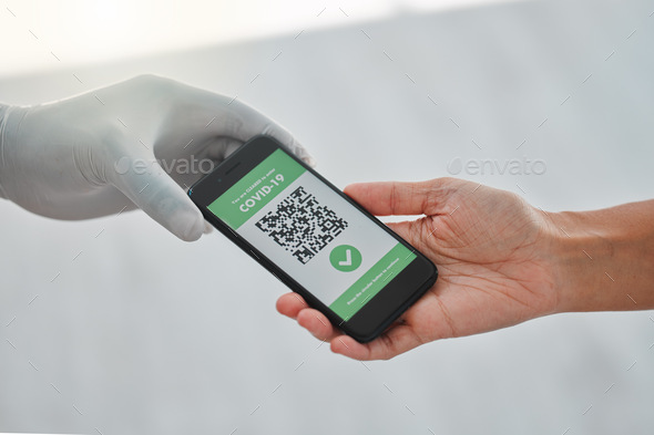 covid, qr code and vaccine passport at airport logistics for app database with digital signage at t