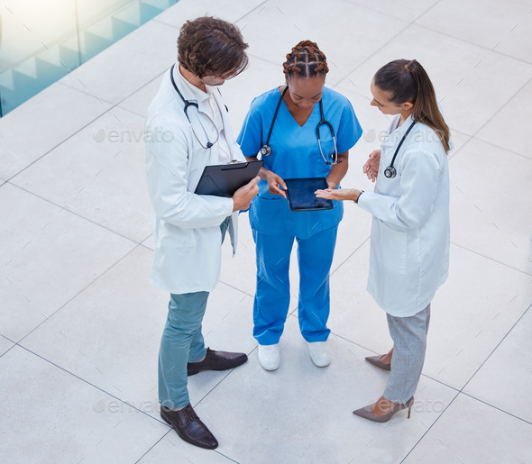 Medical, healthcare workers or team of doctors consulting about patient diagnosis or treatment in h