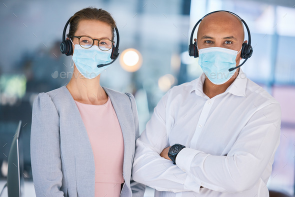 Customer service workers, with protection from covid and wearing masks for heath. Online support, I