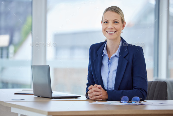 Motivation, business success and smiling company woman employee ready to work at her desk job. Port