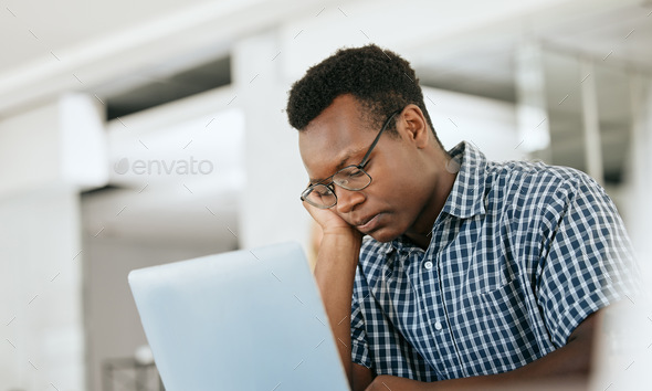 Burnout, depression and black man at work laptop with deadline, email and report at engineer workpl