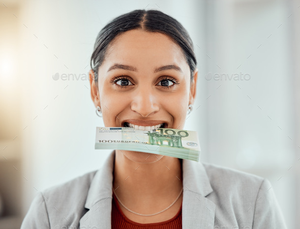 Money, happy and smiling business woman expressing spending cash for a dental plan. Female showing