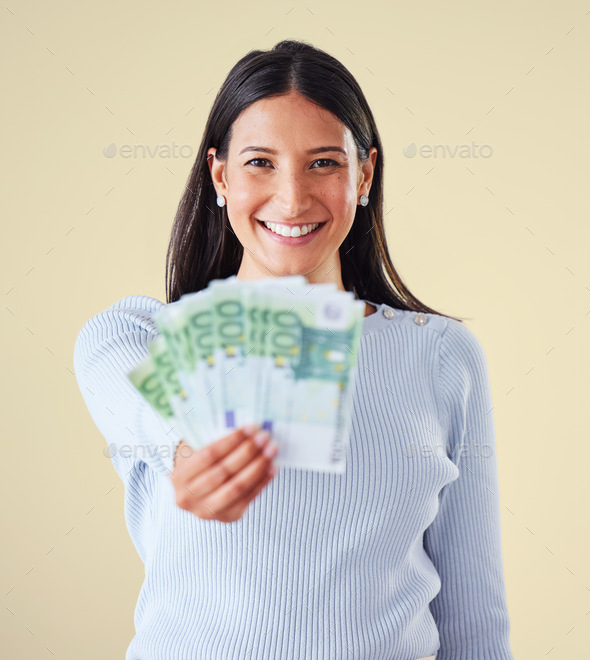 Winning money and financial success of happy woman saving cash for a banking budget. Portrait of an