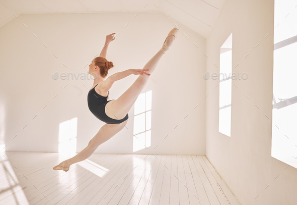 Ballet, jump and performance dance studio with young student. Dancer girl with energy in isolated c