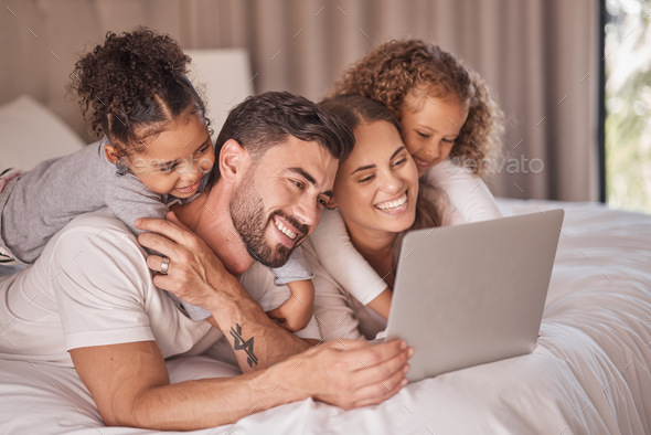 Happy family, laptop and kids enjoying live stream cartoon subscription on bed together with their